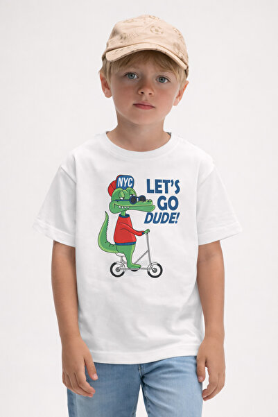 Erkek Çocuk Let's Go Dude Dinazor Baskılı Kısa Kol Tshirt