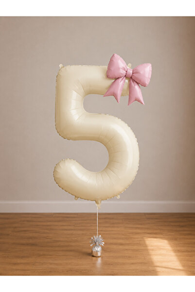 Balonsan -5- Age Beige Number Powder Pink Bow Foil Balloon Set