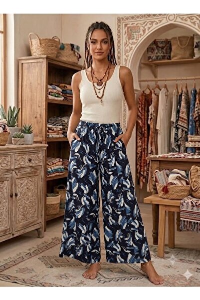 AYASOFYA OTANTIK Women's Multi-Colored Wide-Legged 100% Viscose Trousers with...