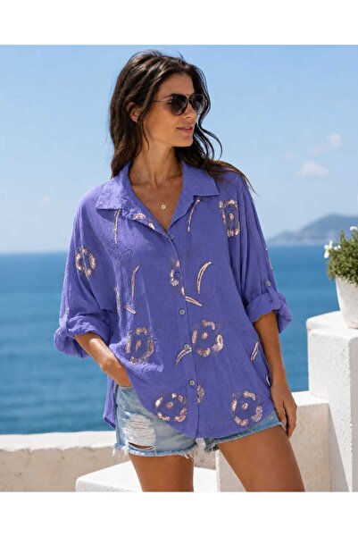 Butik Şans Women's Sequin Detailed Oversize Italian Cotton Shirt