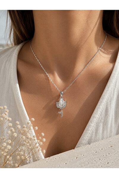 PELKAN ATELİER Silver Opal Stone Rose Figured Necklace – Twisted Chain |   Elegant Women's Necklace