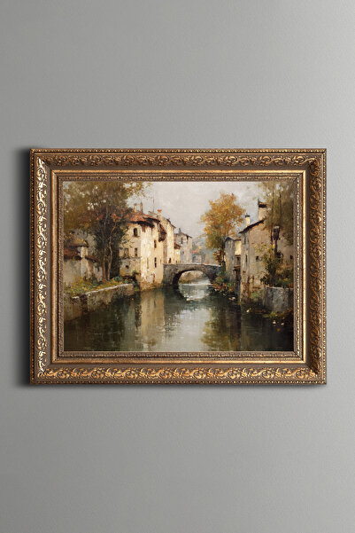 epiqart Bridge and Village Scenery - Vintage Patterned Painting - Thick Model