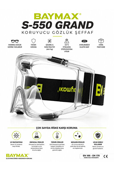 Baymax S-550 Grand Şeffaf Koruyucu İş Güvenliği Gözlüğü | EN 166 - EN 170