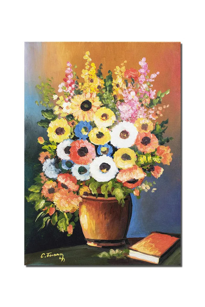 artnova Ръчно рисувана картина, Ваза с анемони и книга, 50x35см маслена на пл...