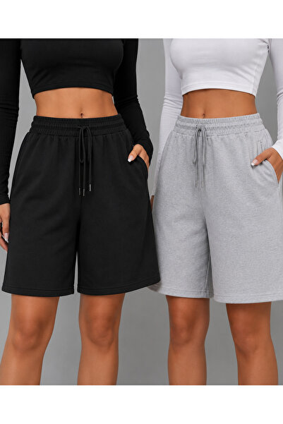 BERYY MODA Women's Black Gray Shorts 2-Pack Relaxed Fit Summer Shorts with Po...