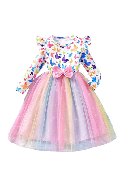 OEM Rochie fetita, maneca lunga, imprimeu fluturi, multicolor, 104 CM