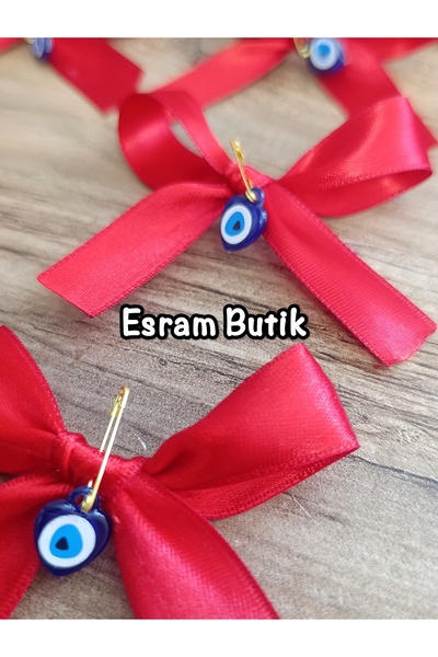 Esram Butik Red Satin Evil Eye Beaded Ribbon Bow, Bundle, Dowry, Wedding, Eng...