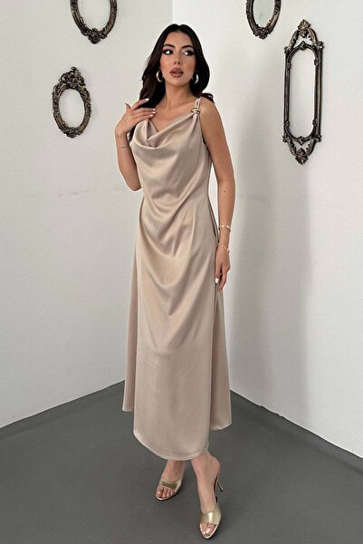 Lady Pixie Satin Degaje Collar Shoulder Buckled Dress