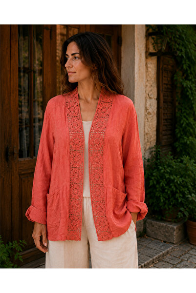 Miss Boheme Coral Color Linen Jacket with Lace and Pocket Detail