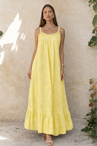 CES.İZ Women's Embroidered Long Dress with Straps – Italian Model Loose Summe...