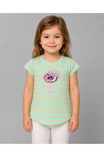 Generic Girls' T-Shirt with Shiny Gold Stripes and Floral Embellishments
