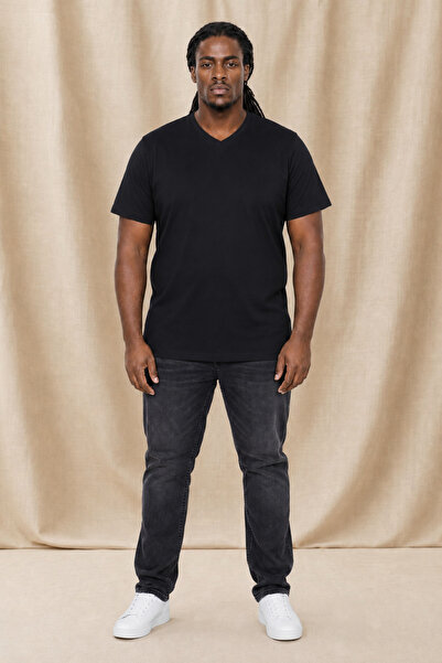 Starbattal Men's Large Size Lycra Basic V-Neck T-Shirt 11170 Black