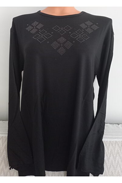 Anne Er Clothing Summer Combed Cotton Blouse Long-Sleeve Crew Neck Stone Black