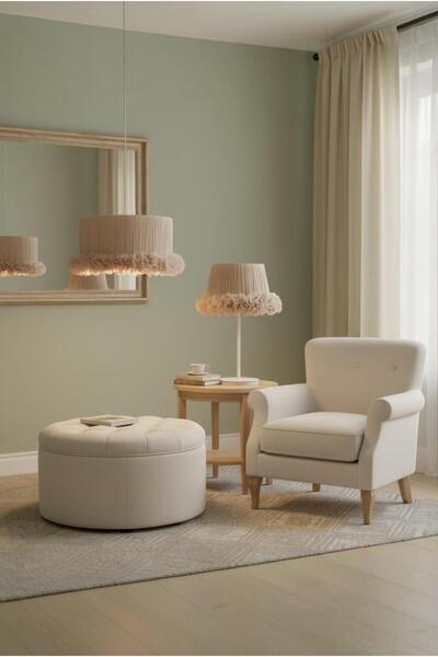 Elizim Home Lighting Tütü Fırfırlı Bej Dekoratif Avize Masa Lambası takım