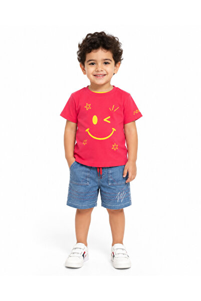 Generic Boys T-Shirt and Denim Shorts Set, Red Smiley Print