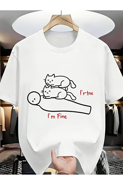 212ZTD تي شيرت رجالي أنيق بطباعة "I'm Fine Cat Stack" مضحك وفريد من نوعه، قطن...