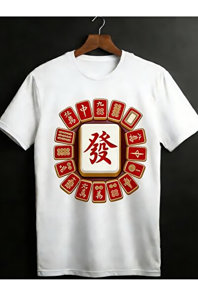 En22 Mahjong Fortune Red Tiles Spring Summer Men Funny Unique Tops Pure Round...