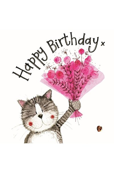 Alex Clark Felicitare aniversara (karnet) Pisica cu buchet roz, cu ilustratie...