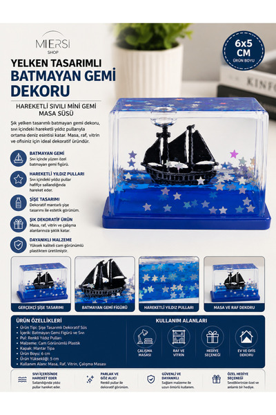 Mersi SHOP Yelken Tasarımlı Batmayan Gemi Dekoru | Hareketli Sıvılı Mini Gemi...