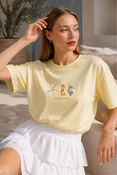 GIA - ART Women's Oversize T-Shirt Sea Whisper Printed Yellow – Crew Neck, Co...