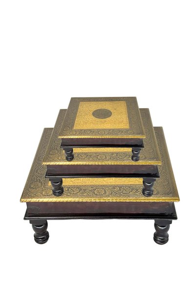 Al Athar Arts Handmade Wooden Pooja Chowki with Brass Fittings – Mango Wood Stand(W:10''D:10''H:6.25'')