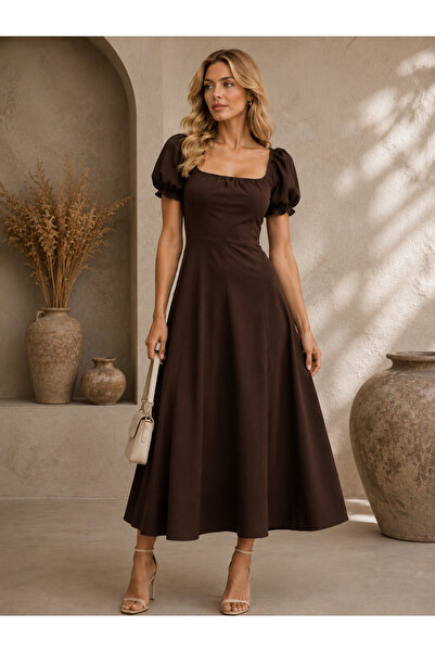 DEEP FAIR Women's Square Neck Balloon Sleeve A-Line Midi Dress Cm26El00332