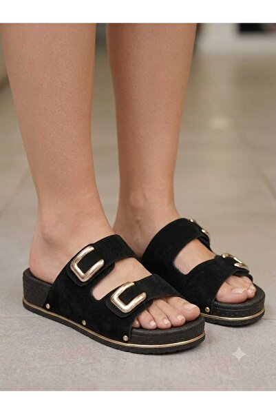 CAPRİ MODA Women's Black Suede Double Buckle Orthopedic Comfortable Daily Sli...