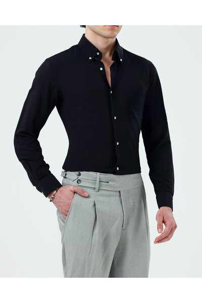 TerziAdemAltun Slim Fit Tie Collar Bottomed Pleated Seersucker Fabric Men's S...
