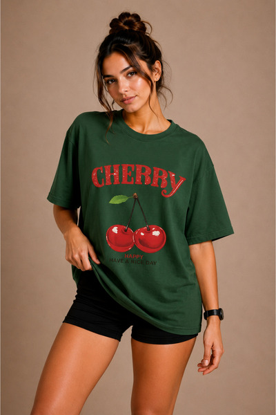 FECCY Premium Cherry Unisex Oversize Women's T-Shirt Cotton Oversize T-Shirt