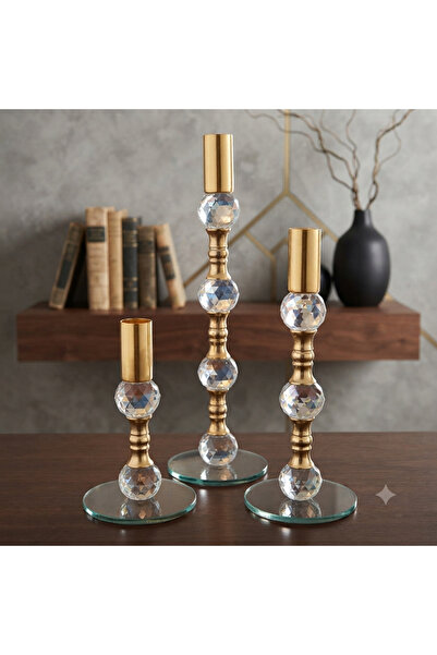 HİLALKRİSTAL KRİSTAL TOPLU- -GOLD DETAYLI 3 LÜ ŞAMDAN MUMLUK