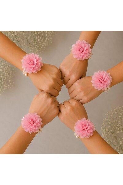 Baykuşca Pack of 5 Pearl and Light Pink Floral Bridesmaid Bracelets, Gift, Ba...