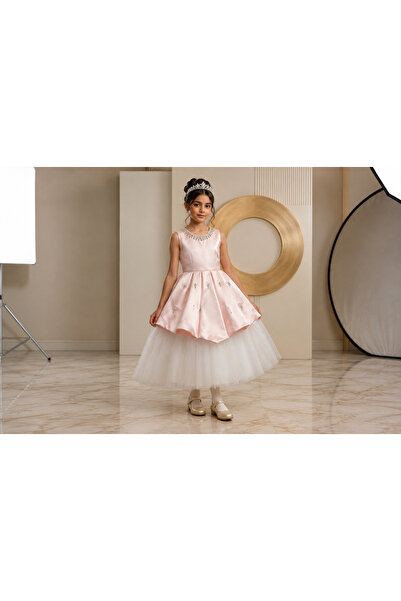 Al Farasha فستان بناتي سهرة فاخر باللون الوردي والأبيض - قماش ساتان وتول مزين بخرز (Girls' Elegant Satin & Tulle Princess Dress)