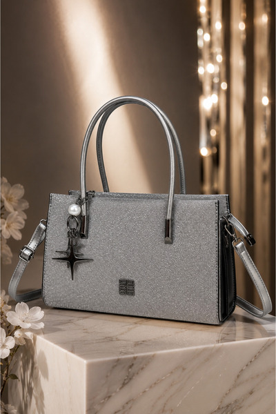 Moda Lime Gray Women's Glittery Evening Dress Hand and Shoulder Bag with Deta...