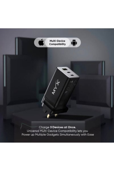 MYX PRO GaN Trio 65W 3-in-1 fast charger featuring GaN technology for compact