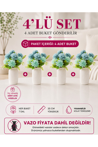 MD Aspiz Flowers 4 Bunches of Artificial Flowers 7-Piece Luxury Blue Chrysant...