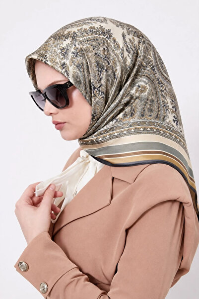 Lesscarves Cotton Silk Scarf Ethnic Patterned Ls2205 07-Light Mink-Gray-Mustard