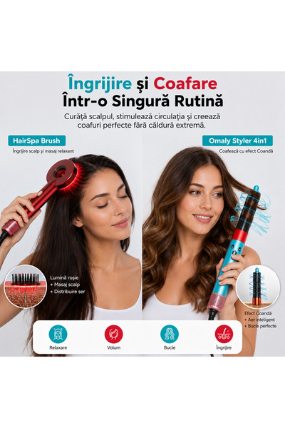 Omaly Set ingrijire par, Ondulator 4in1 Efect Coanda 1300W cu 4 Accesorii, 3 trepte Viteza, 3 trepte Temperatura + Perie Masaj Scalp cu LED infrarosu, Aplicator tratamente si Uleiuri, Ingrijire Par si Scalp