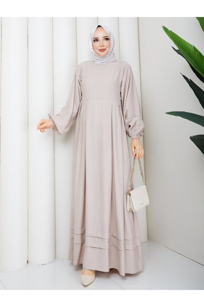 Rüyam Moda فستان من قماش الفراولة المطوي مع تفاصيل ربط جانبية