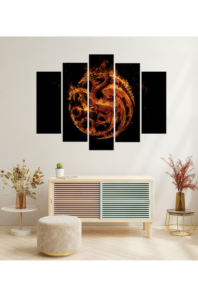 TABLOX 5 Parça House Of The Dragon Alevli Logo Dekoratif MDF Tablo Seti Duvar