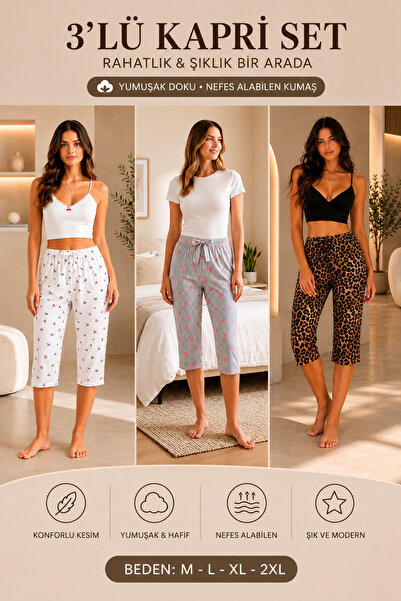 FISILTI COLLECTİON Kadın 3’lü Kapri Pijama Altı Seti Yumuşak Dokulu Ev Giyim