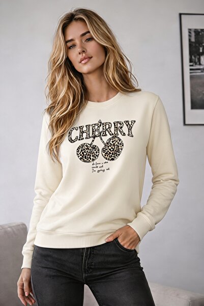 caddekombin Women's Leopard Cherry Cherry Printed Round Neck Long Sleeve Swea...