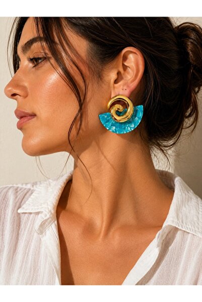 Kutcha Accessories Turkuaz Akrilik Altın Kaplama Geometrik Kadın Küpe