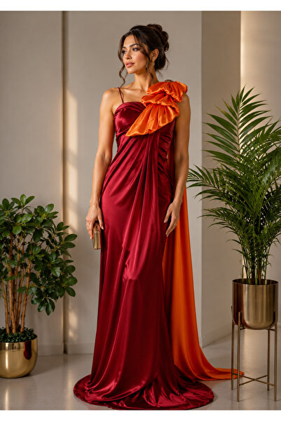 ASIAN Rifan Dress Evening Gown Made of Soft Silk and Satin with Brooch.