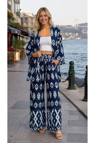 forte bella Colorful-Ethnic Pattern Top-Bottom Trend Hijab Kimono Set