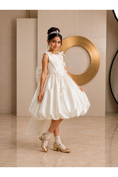 Al Farasha Girl's Off-White Floral Appliqué Bubble Hem Party Dress with Large...