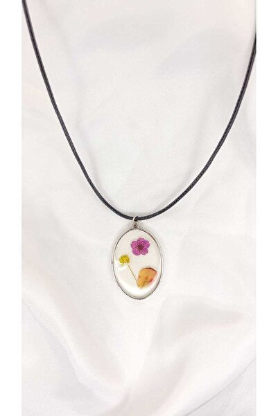 ÖZÇTAKI Natural Dried Flower Epoxy Pendant Oval Design Transparent Women's Ne...