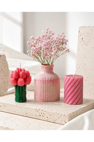 PELKAN ATELİER Blush Bloom Dekor Seti – Beton Vazo | Lale Mum | Burgu Mum | P...