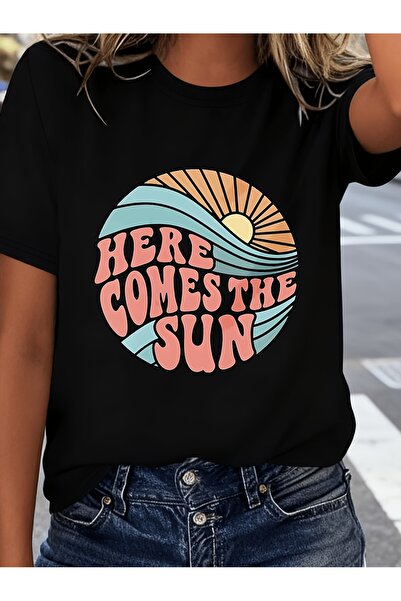 212ZTD تي شيرت مطبوع عليه Here Comes The Sun، قميص كاجوال بأكمام قصيرة وياقة ...