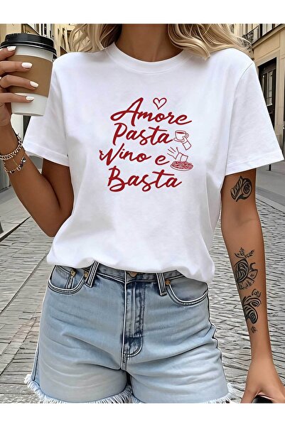 12 HERTZ تي شيرت نسائي بطباعة 'Love Pasta Wine And Enough' من إنتاج Italian L...