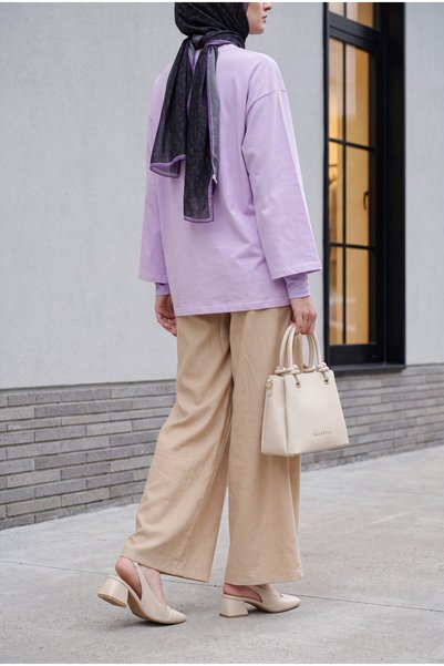 HİJABAYA Pantaloni cu talie elastică, cu picior larg, plisați, din in, cu talie înaltă, cu aspect de hijab - Vizon